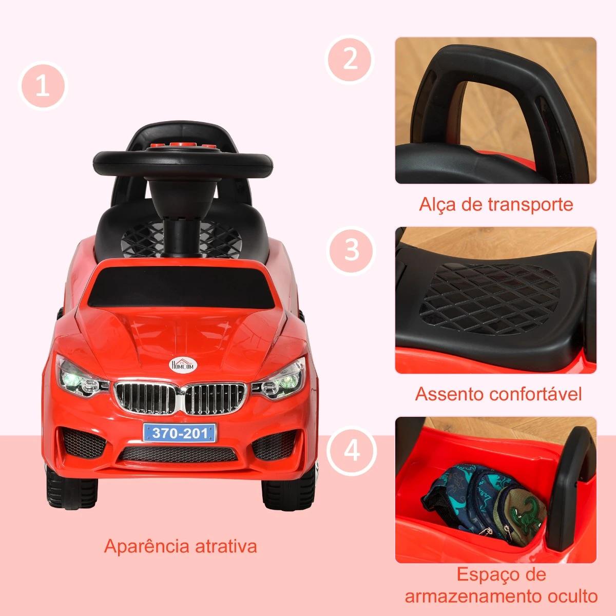 Carro Andador para Crianças de 18-36 Meses com Faróis Música Buzina Volante Compartimento de Armazenamento e Alça para Empurrar