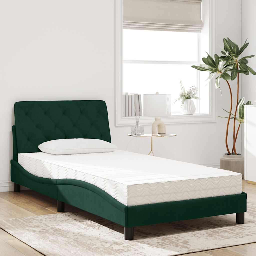 Cama com colchão 100x200 cm veludo verde-escuro