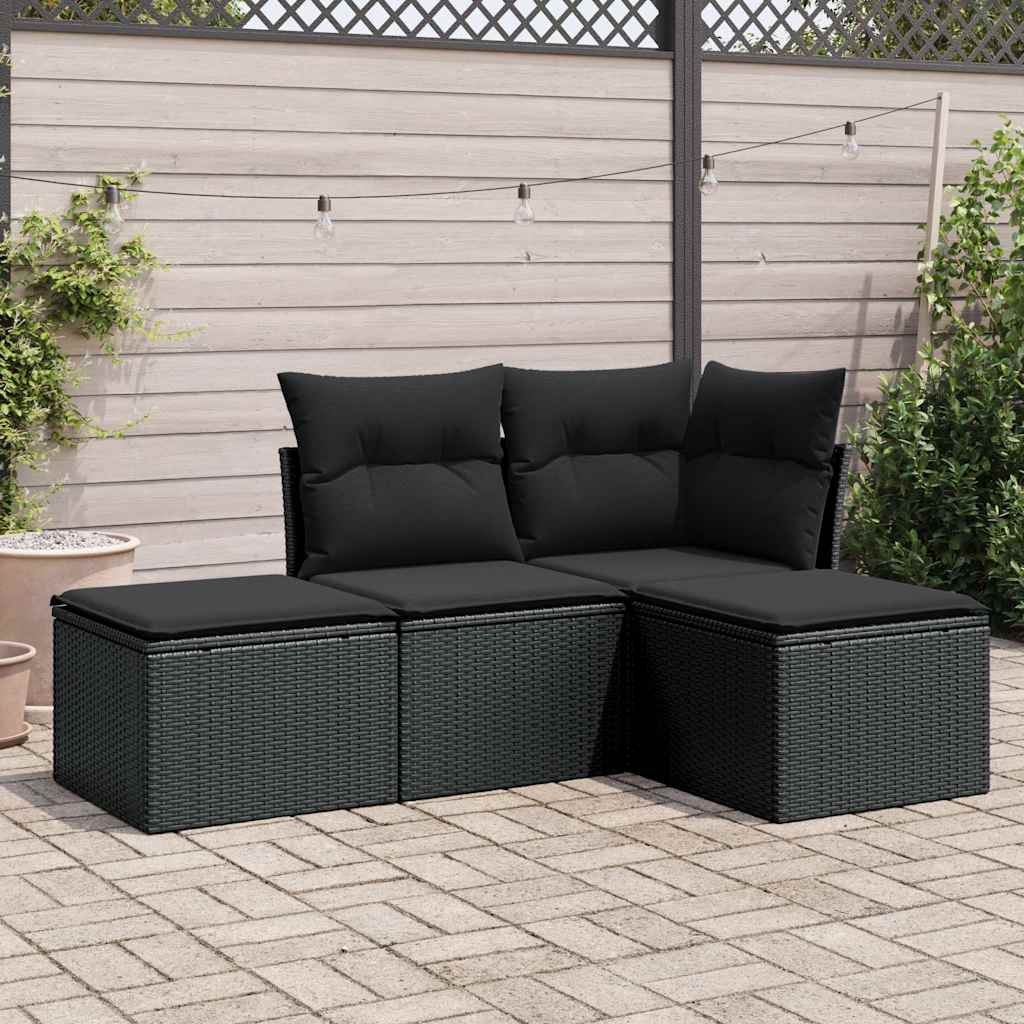 4 Pcs conjunto de sofás para jardim c/ almofadões vime PE preto