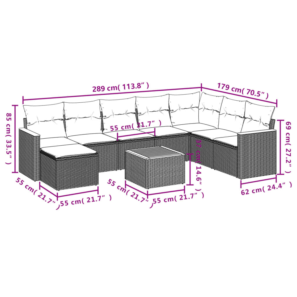 9 Pcs conjunto de sofás p/ jardim c/ almofadões vime PE preto