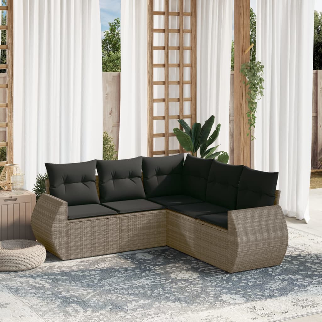 5 Pcs conjunto sofás de jardim c/ almofadões vime PE cinzento