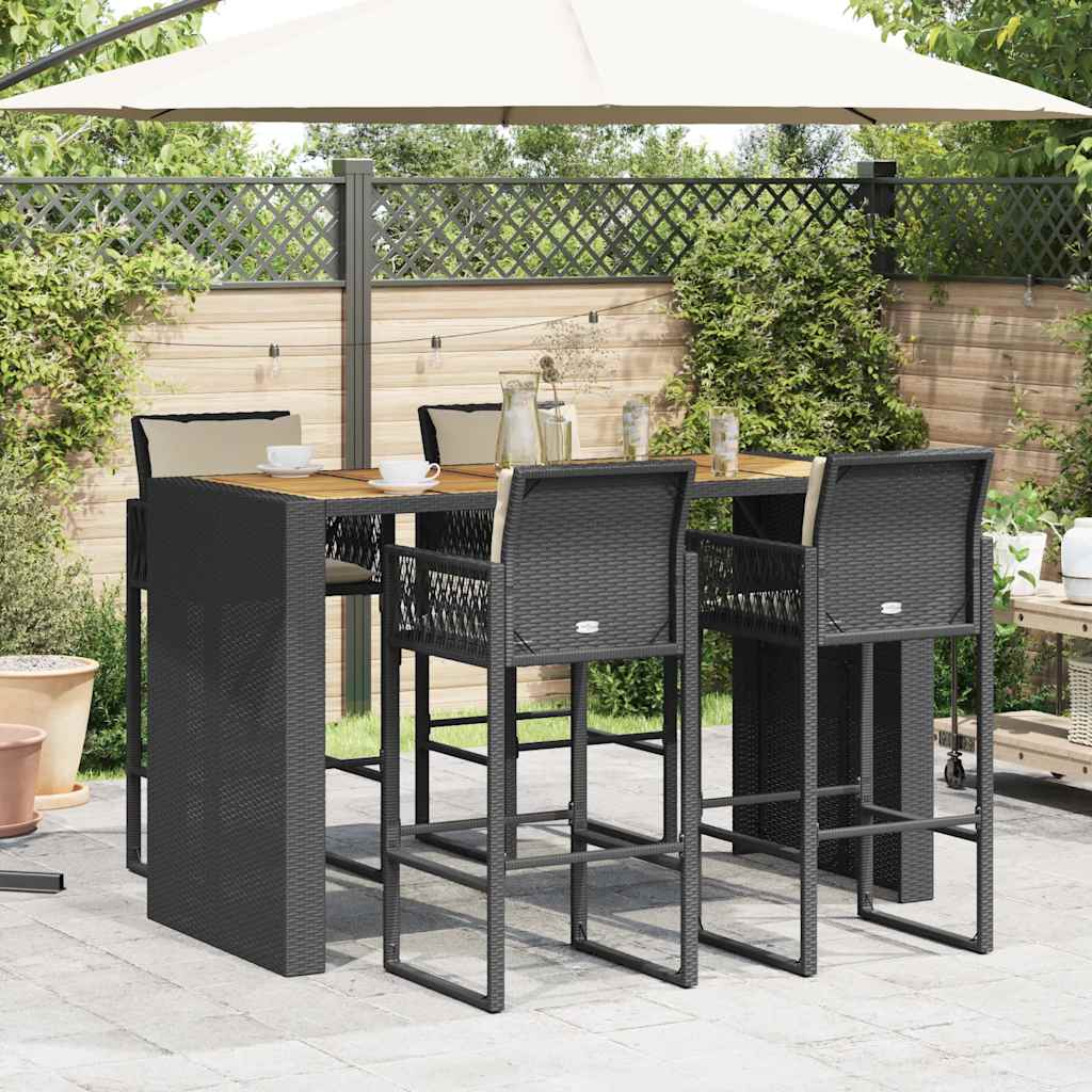 5 Pcs conjunto de bar jardim c/ almofadões vime PE/acácia preto