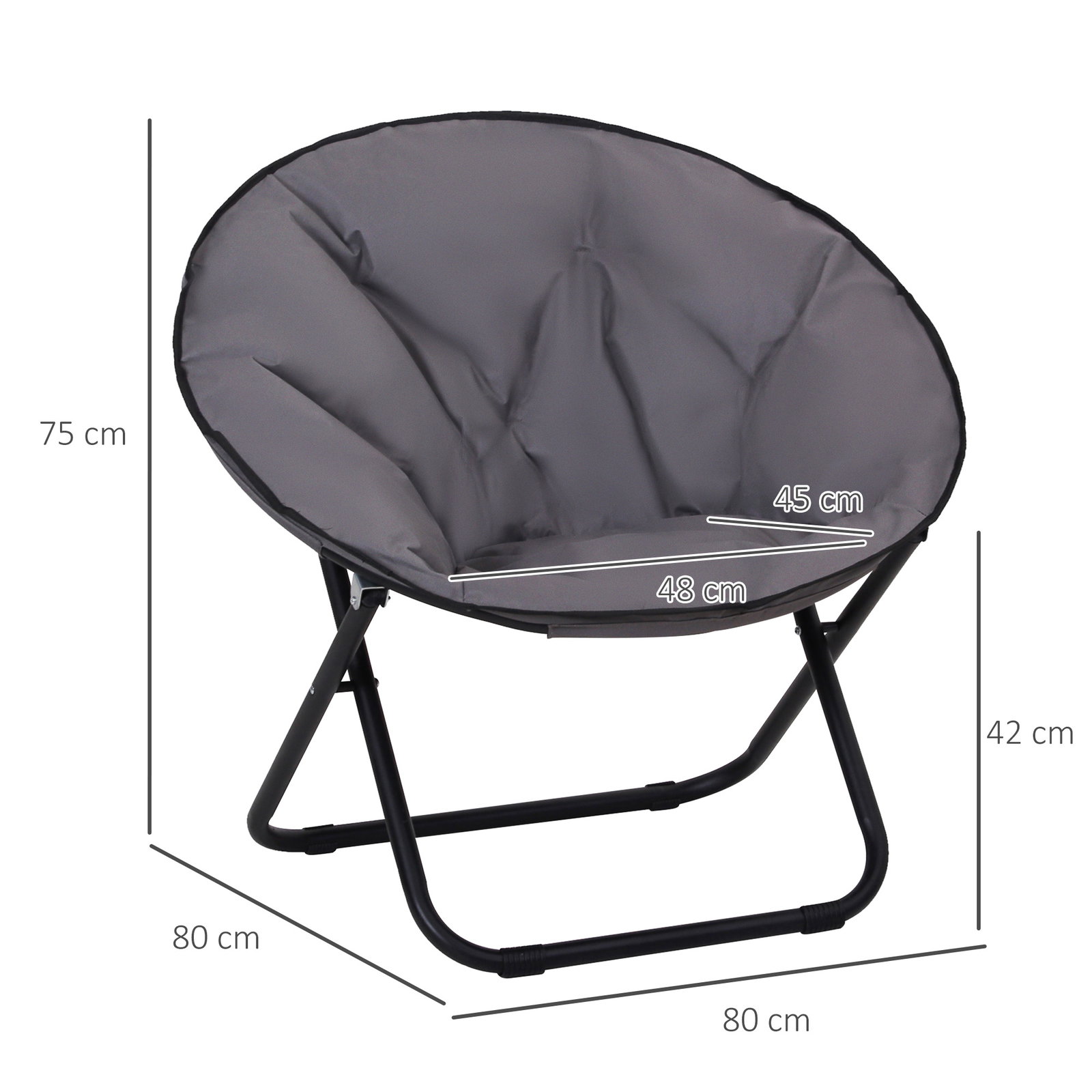 Cadeira de Lua Cadeira Redonda de Lua com Assento de Tecido Oxford e Pés de Metal para Campismo 80x80x75 cm Cinza