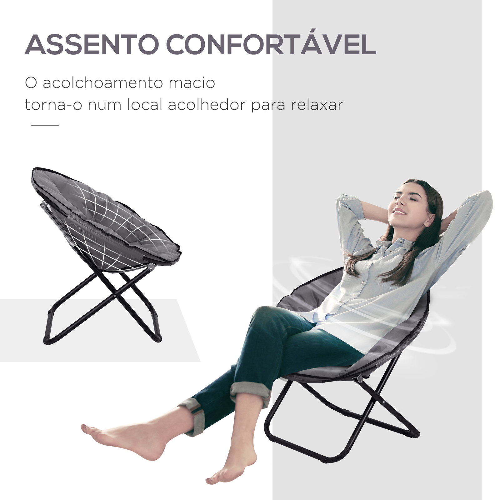 Cadeira de Lua Cadeira Redonda de Lua com Assento de Tecido Oxford e Pés de Metal para Campismo 80x80x75 cm Cinza