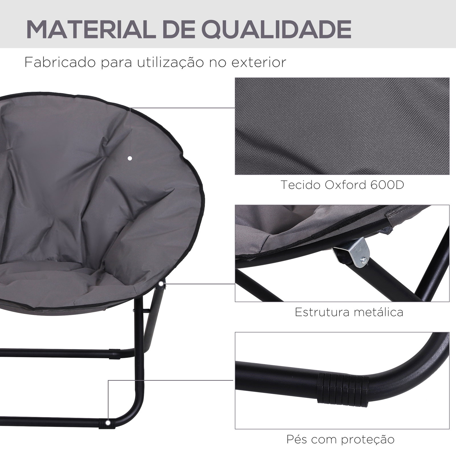 Cadeira de Lua Cadeira Redonda de Lua com Assento de Tecido Oxford e Pés de Metal para Campismo 80x80x75 cm Cinza