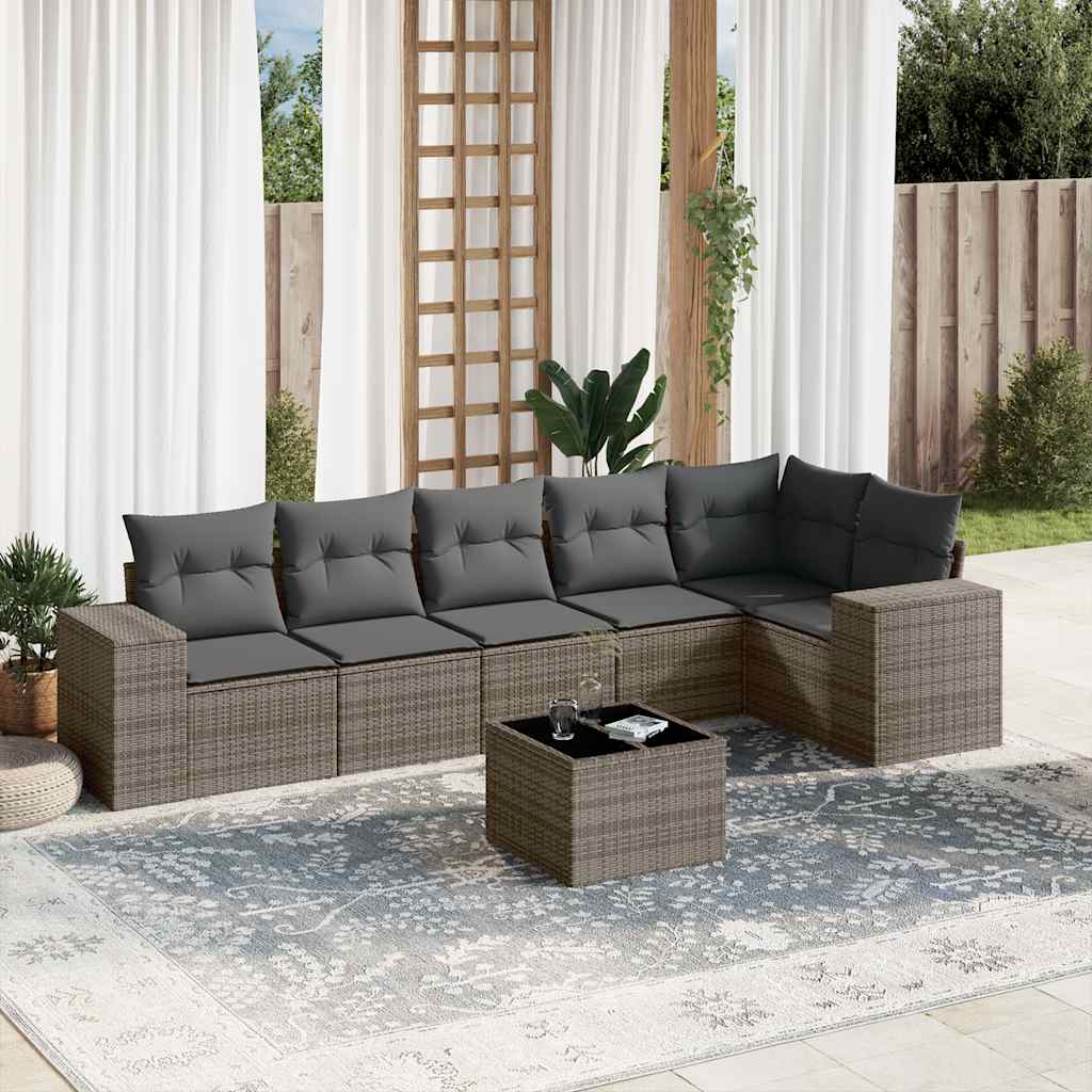 7 Pcs conjunto sofás p/ jardim c/ almofadões vime PE cinzento