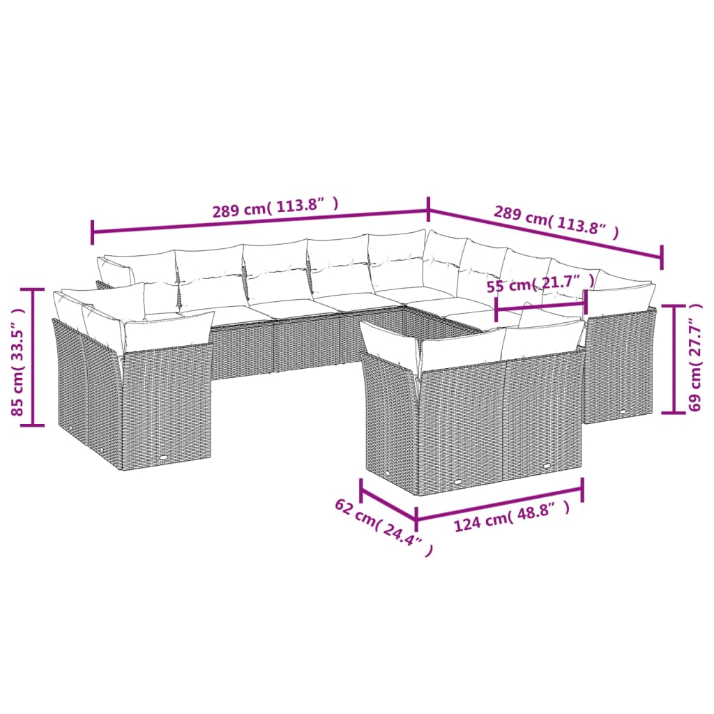 13 Pcs conjunto sofás p/ jardim c/ almofadões vime PE castanho