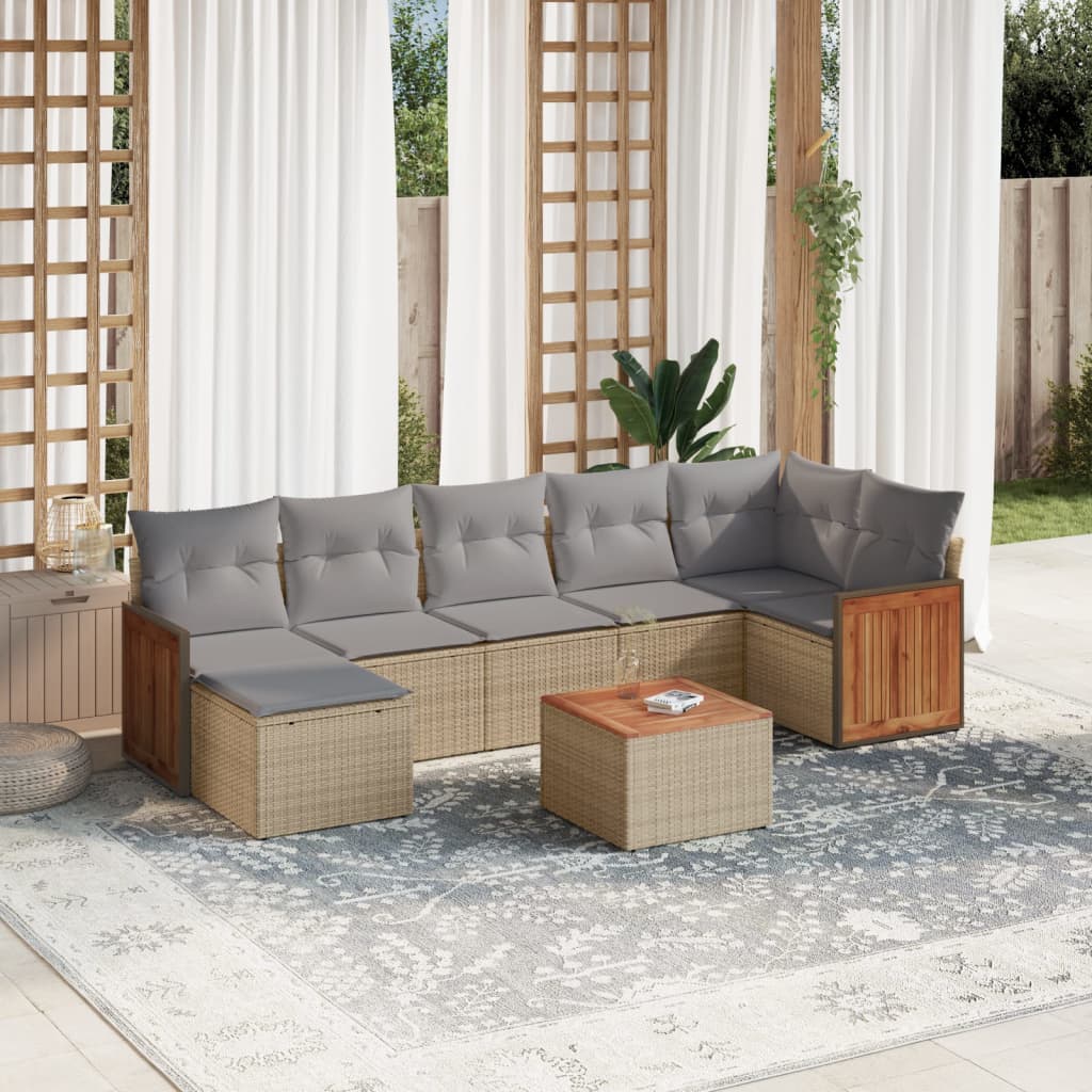 8 Pcs conjunto de sofás p/ jardim com almofadões vime PE bege