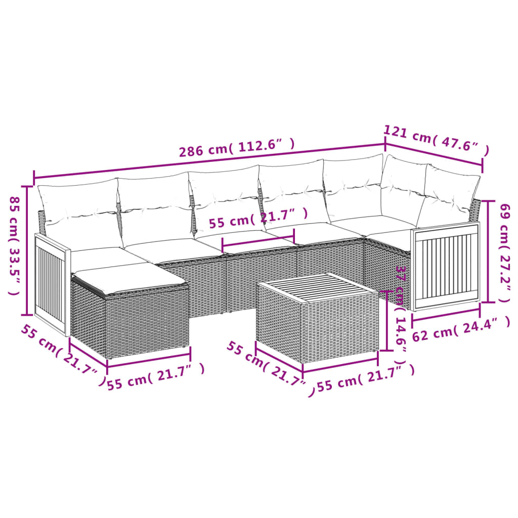 8 Pcs conjunto de sofás p/ jardim com almofadões vime PE bege