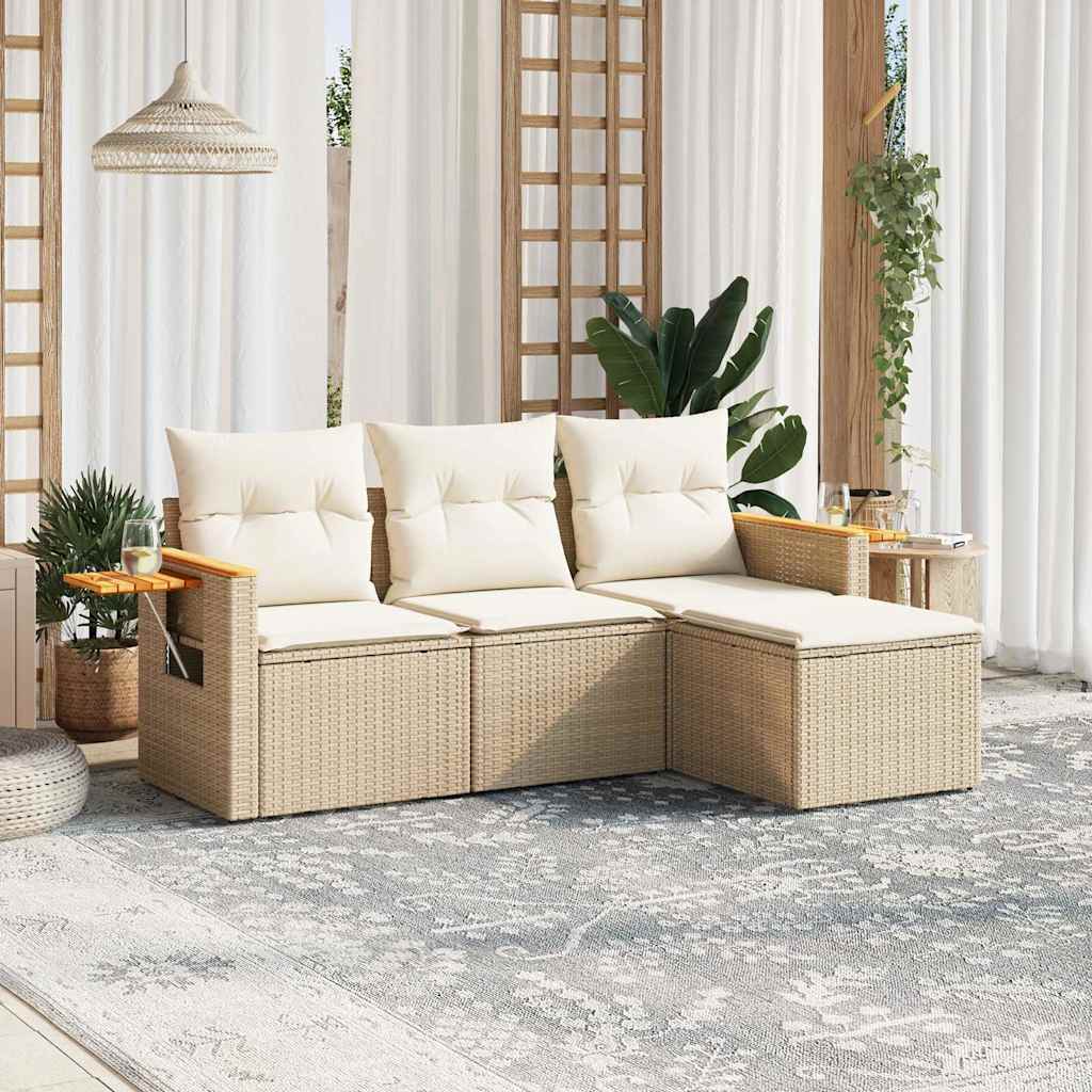 4 Pcs conjunto de sofás para jardim c/ almofadões vime PE bege