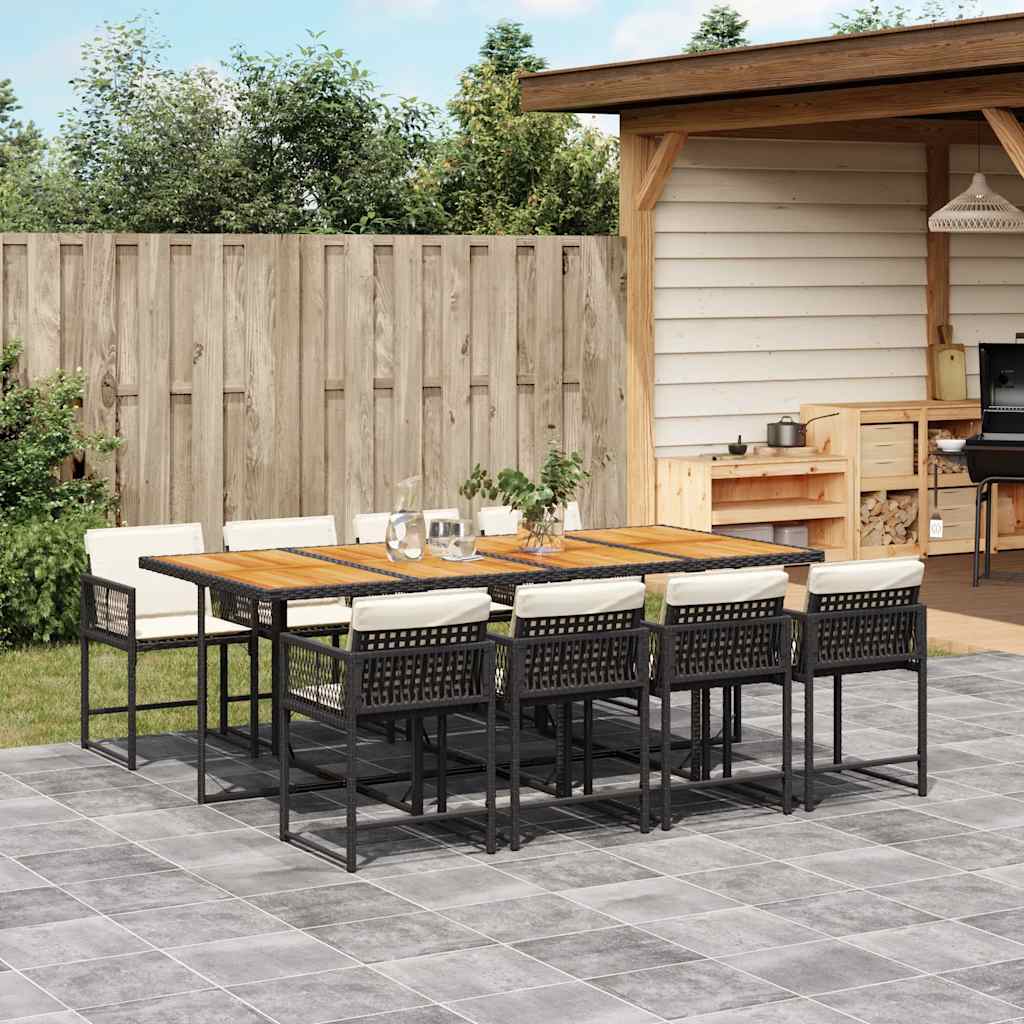 9 Pcs conjunto de jantar p/ jardim c/ almofadões vime PE preto