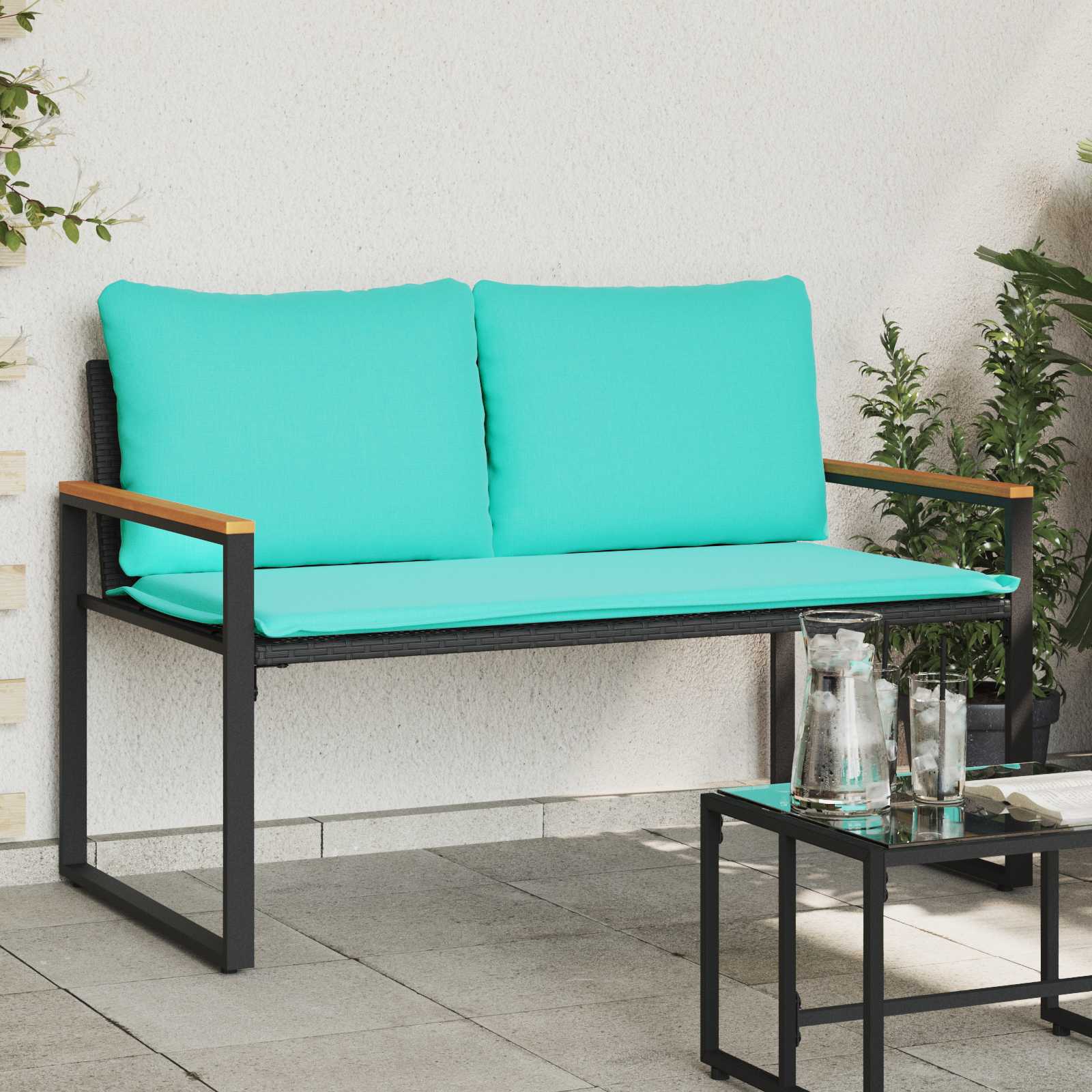 Banco com almofada preto e turquesa 115 x 65 x 72 cm vime