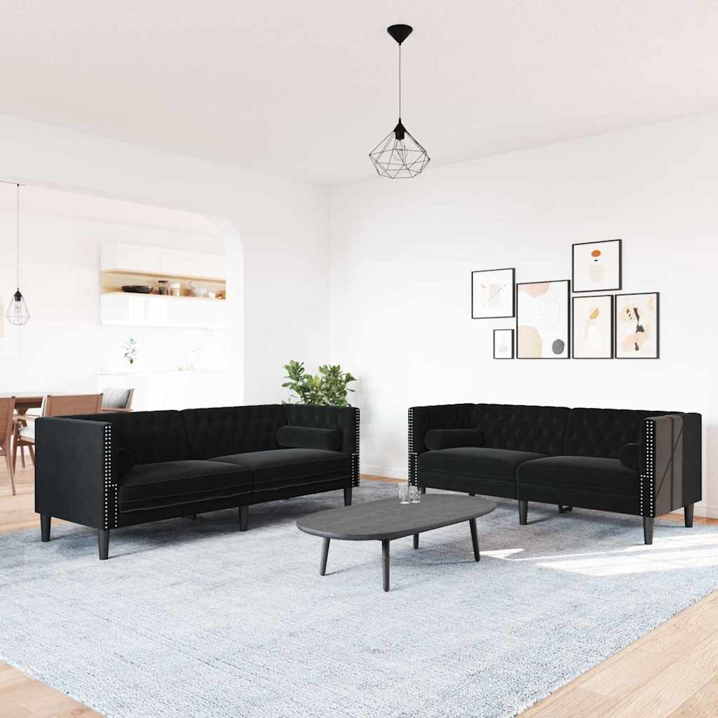 2 Pcs conjunto de sofás chesterfield com rolos veludo preto
