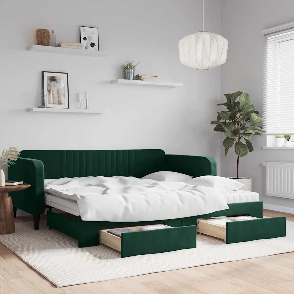 Sofá-cama c/ gavetão e gavetas 100x200 cm veludo verde-escuro