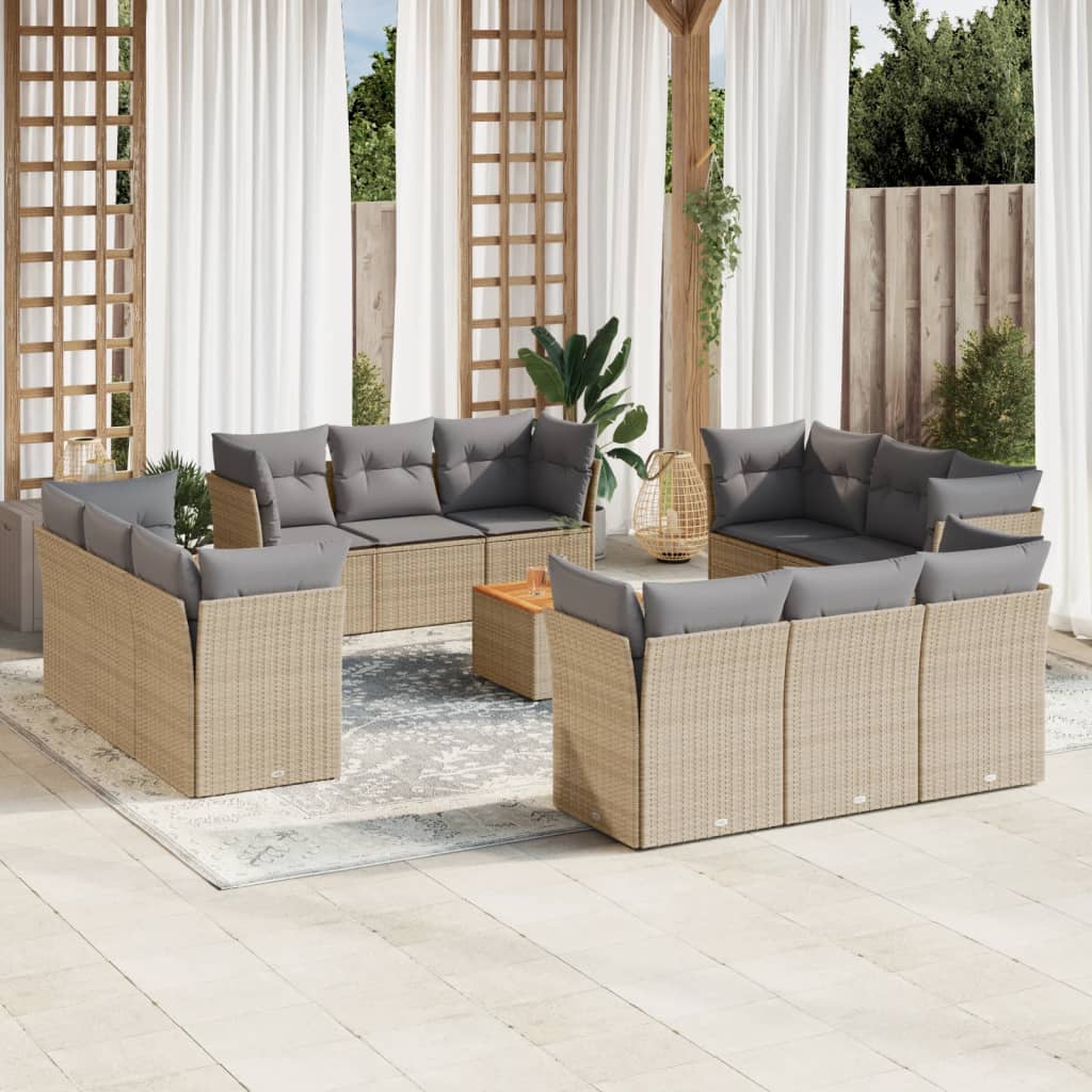 13 Pcs conj. sofás jardim c/ almofadões vime PE bege misturado