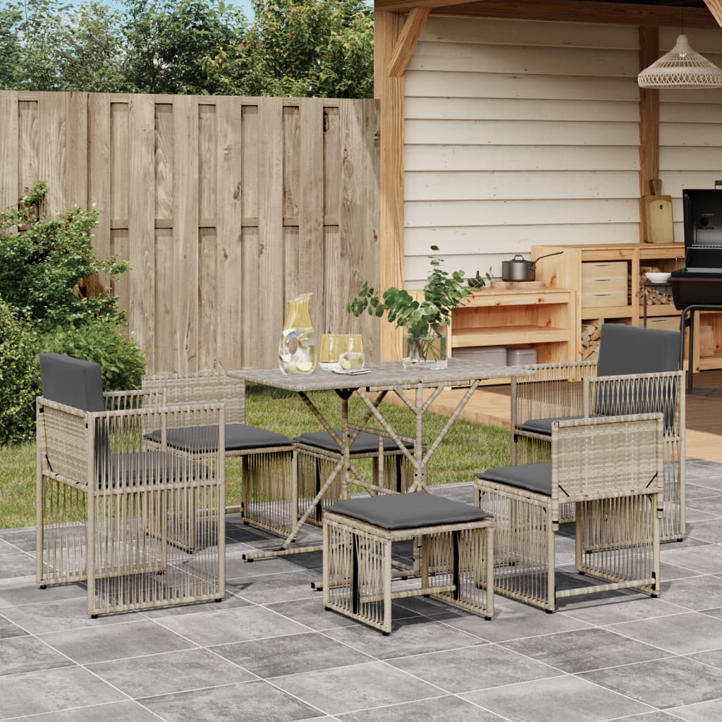 7 Pcs conj. jantar p/ jardim c/ almofadões vime PE cinza-claro