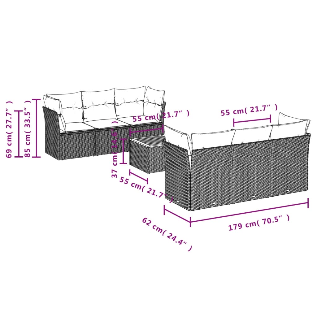7 Pcs conjunto de sofás p/ jardim c/ almofadões vime PE preto