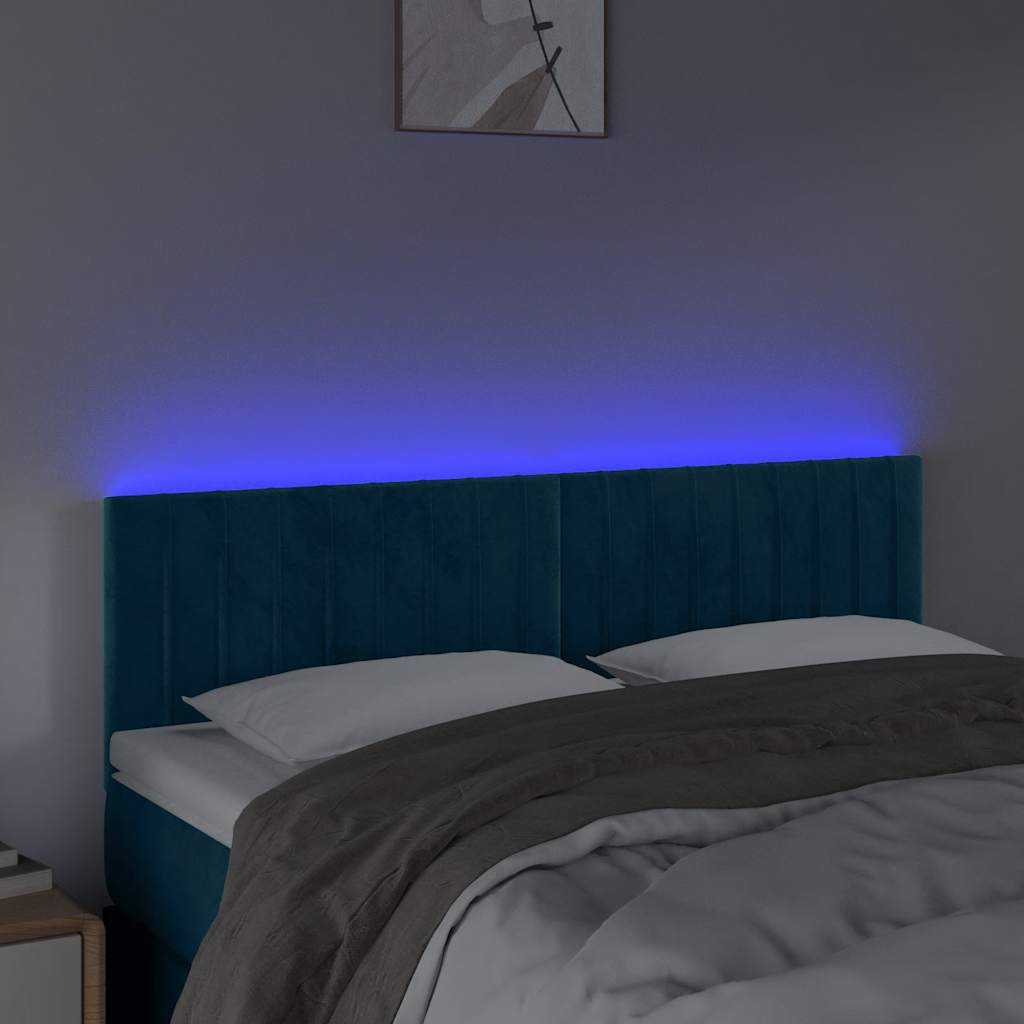 Cabeceira de cama c/ luzes LED veludo 144x5x78/88cm azul-escuro