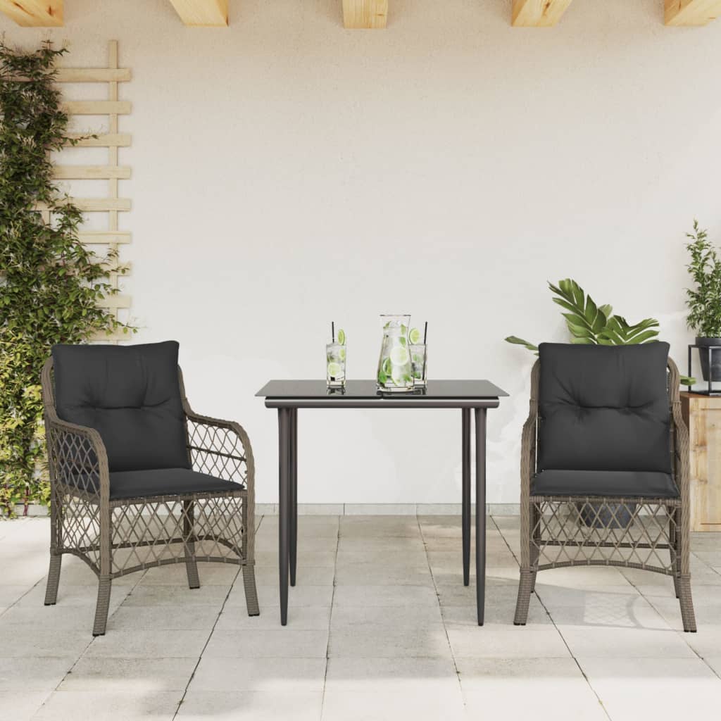 3 Pcs conjunto bistrô com almofadões vime PE cinza