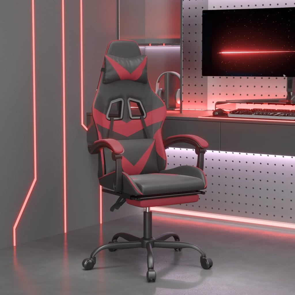 Cadeira gaming +apoio pés couro artificial preto/vermelho tinto