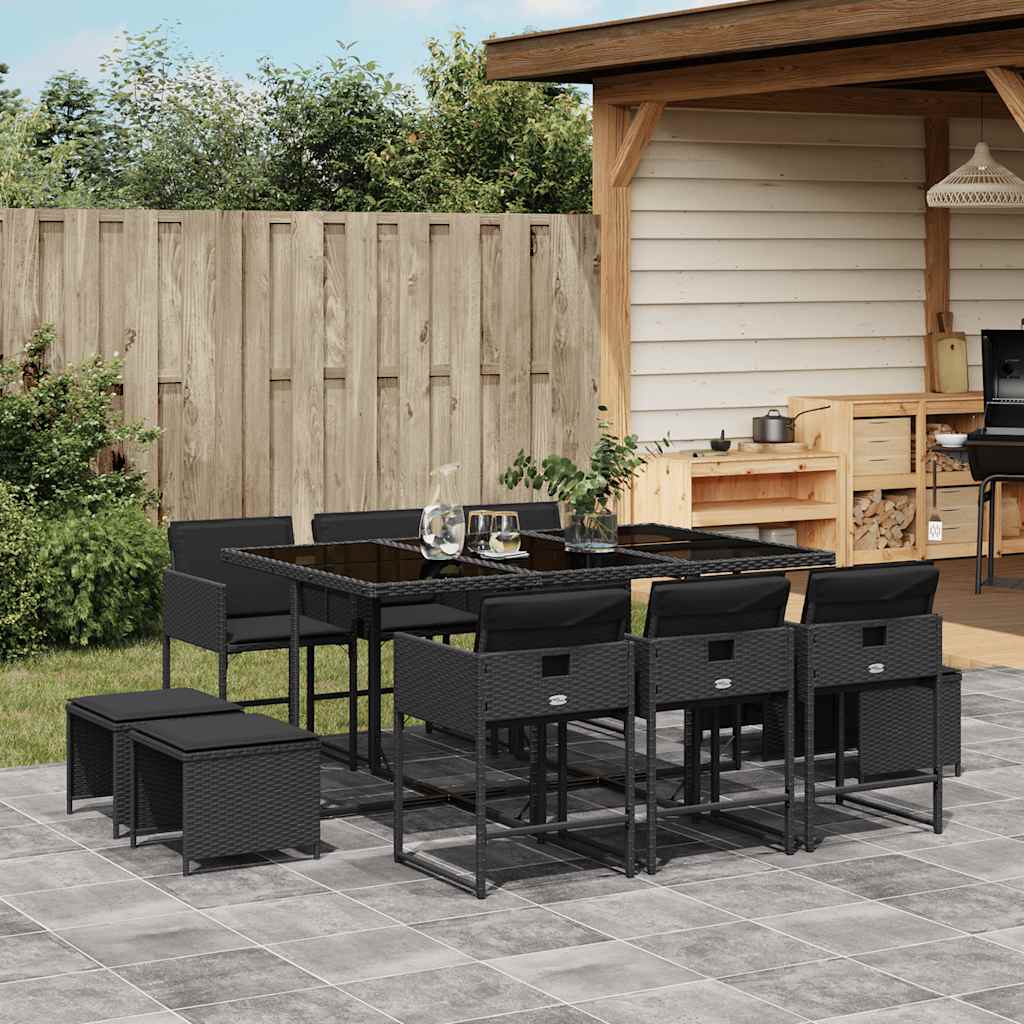 11 Pcs conjunto de jantar p/ jardim c/ almofadões vime PE preto