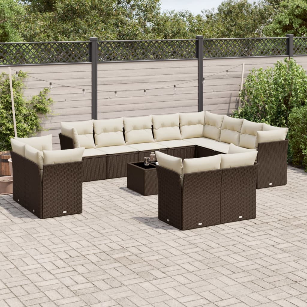 13 Pcs conjunto sofás p/ jardim c/ almofadões vime PE castanho