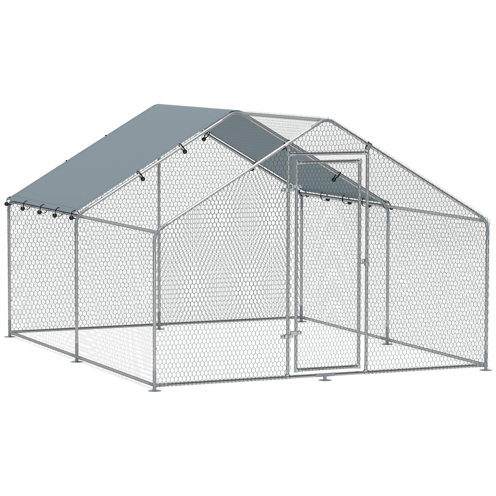 Galinheiro para exterior 3x3,4x1,9 m galinheiro de aço galvanizado com cobertura anti-UV gaiola para 10-15 galinhas prata