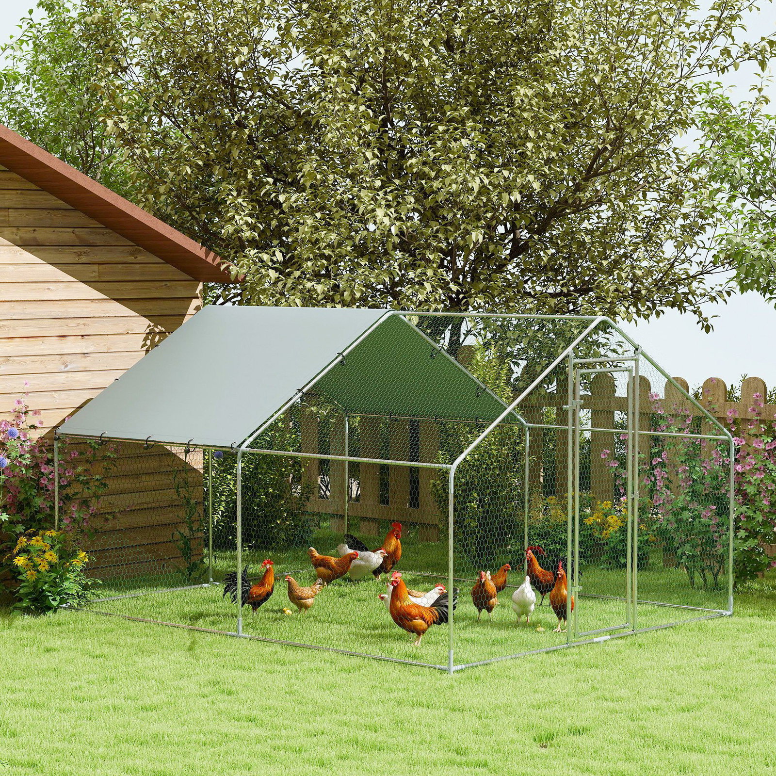 Galinheiro para exterior 3x3,4x1,9 m galinheiro de aço galvanizado com cobertura anti-UV gaiola para 10-15 galinhas prata