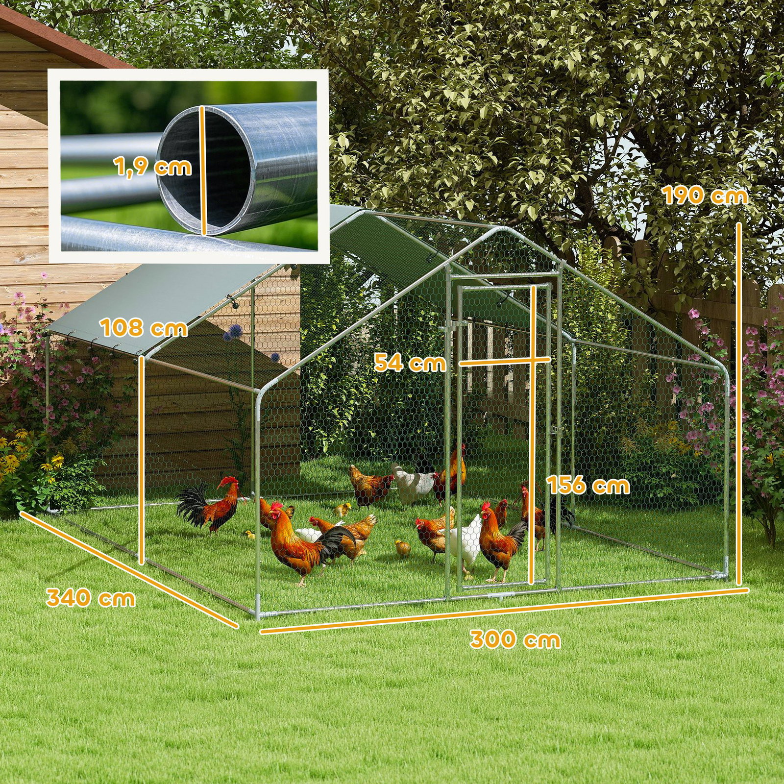 Galinheiro para exterior 3x3,4x1,9 m galinheiro de aço galvanizado com cobertura anti-UV gaiola para 10-15 galinhas prata