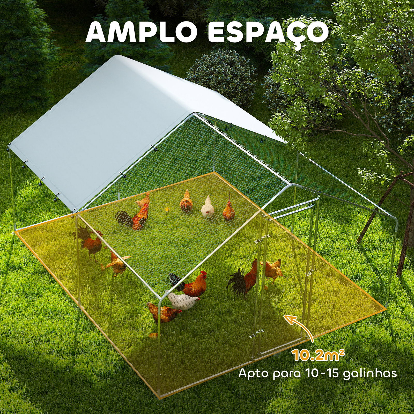 Galinheiro para exterior 3x3,4x1,9 m galinheiro de aço galvanizado com cobertura anti-UV gaiola para 10-15 galinhas prata