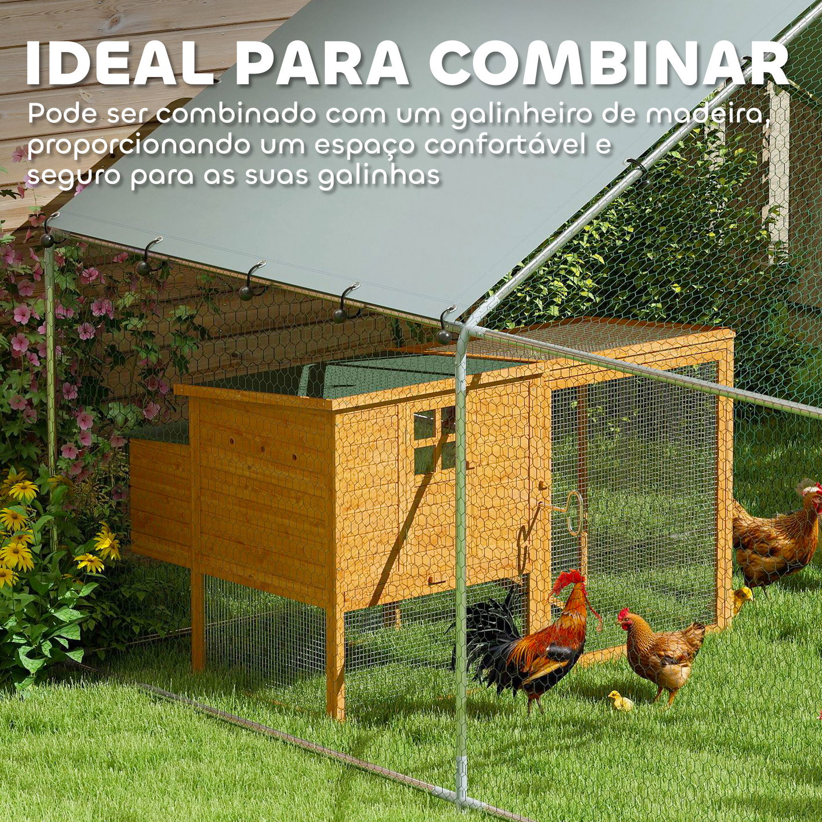 Galinheiro para exterior 3x3,4x1,9 m galinheiro de aço galvanizado com cobertura anti-UV gaiola para 10-15 galinhas prata