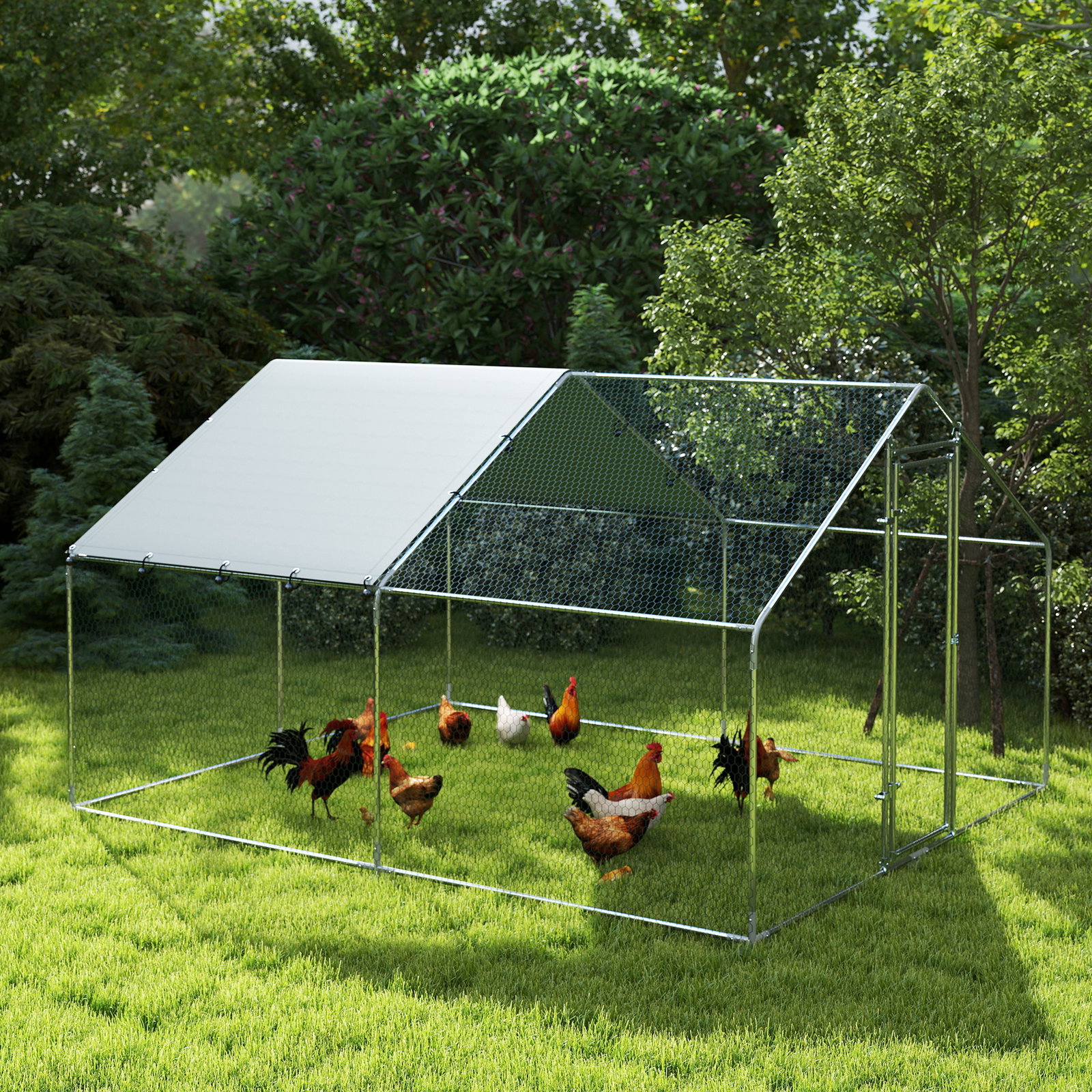 Galinheiro para exterior 3x3,4x1,9 m galinheiro de aço galvanizado com cobertura anti-UV gaiola para 10-15 galinhas prata