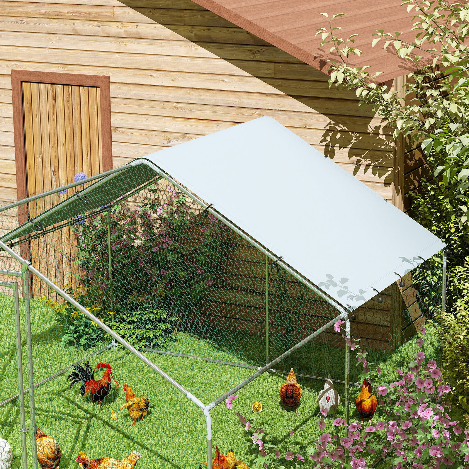 Galinheiro para exterior 3x3,4x1,9 m galinheiro de aço galvanizado com cobertura anti-UV gaiola para 10-15 galinhas prata