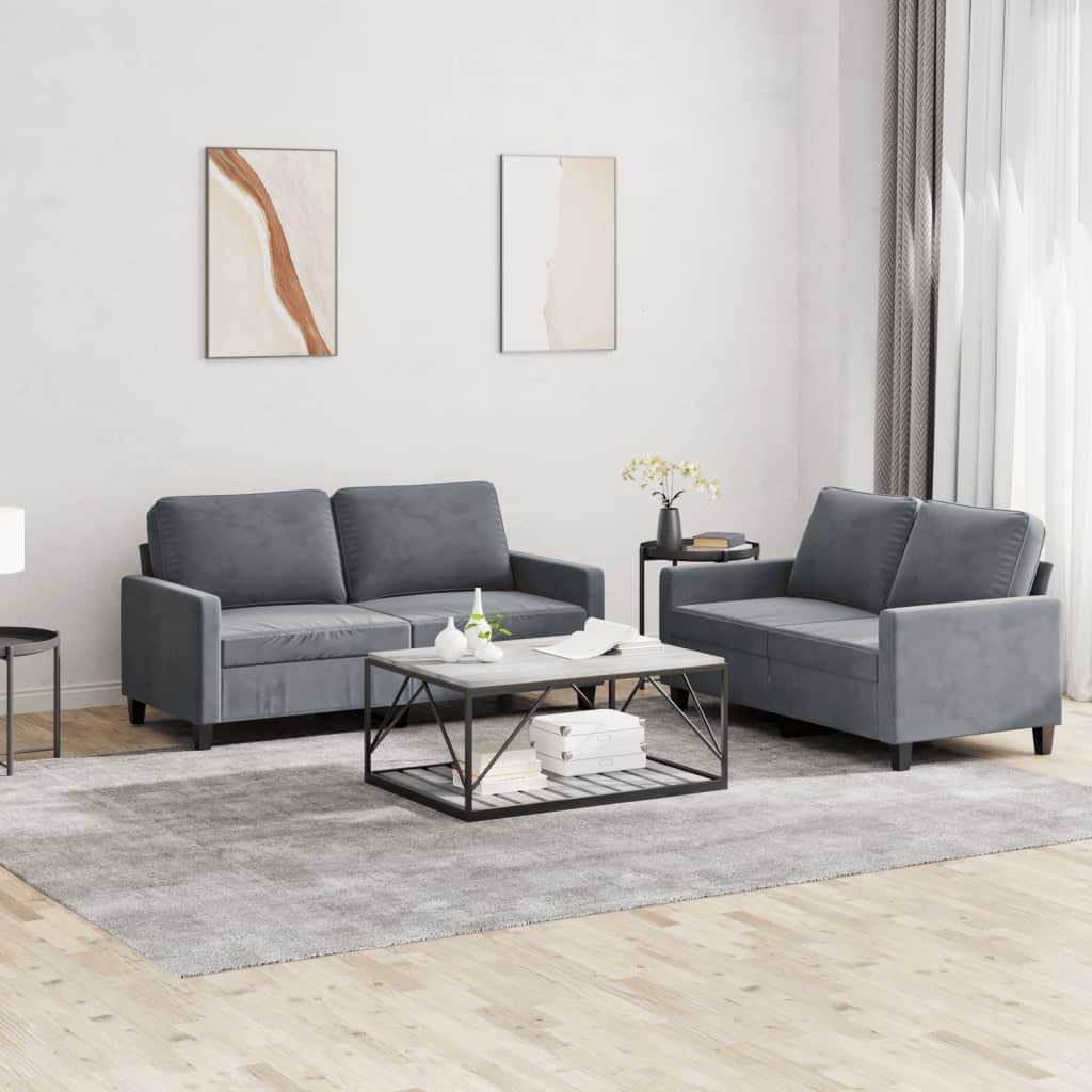 2 Pcs conjunto de sofás com almofadões veludo cinzento-escuro