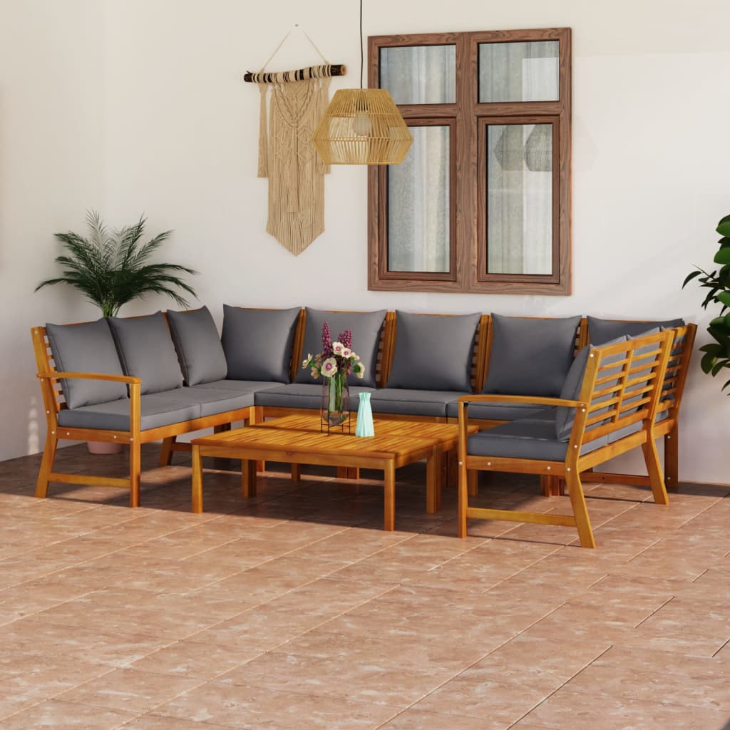9 Pcs conjunto lounge de jardim c/ almofadões acácia maciça