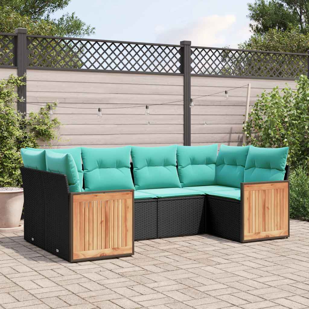 Conjunto de sofá de jardim com 6 peças e almofadas em rattan sintético preto