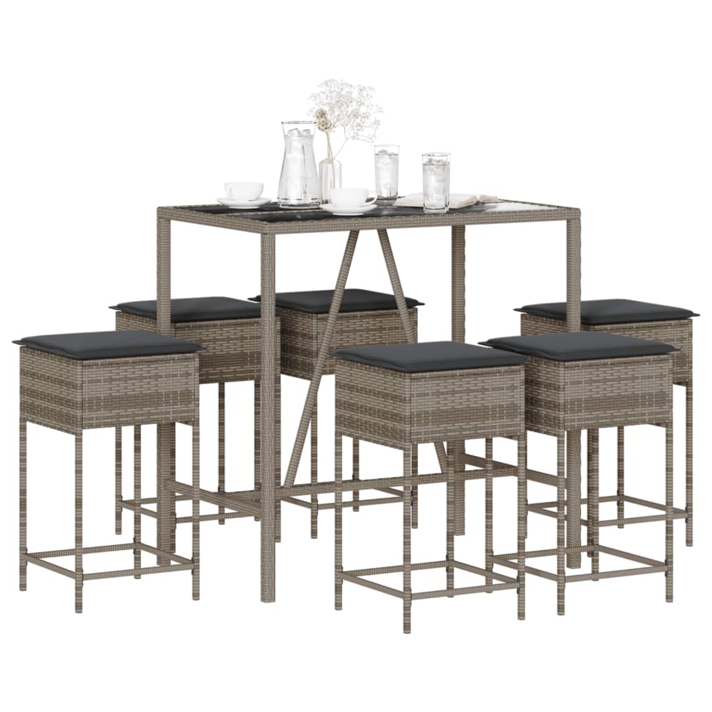 7 Pcs conjunto de bar p/ jardim c/ almofadões vime PE cinzento