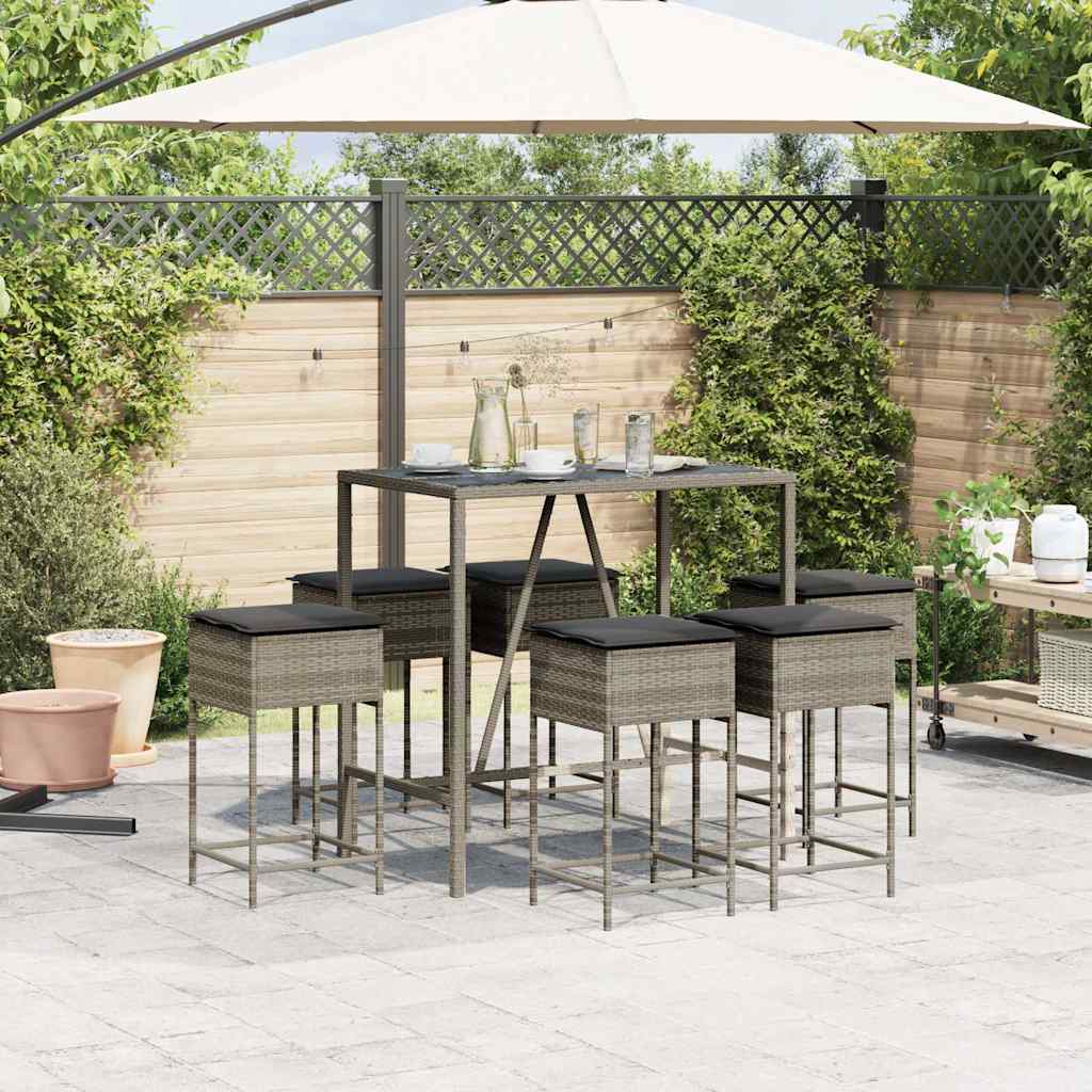 7 Pcs conjunto de bar p/ jardim c/ almofadões vime PE cinzento