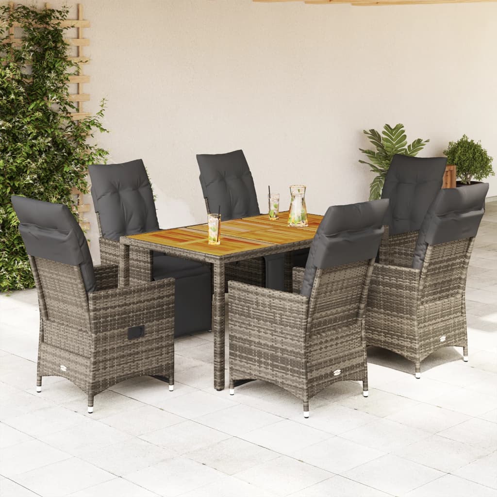 7 Pcs conjunto bistrô de jardim c/ almofadões vime PE cinza