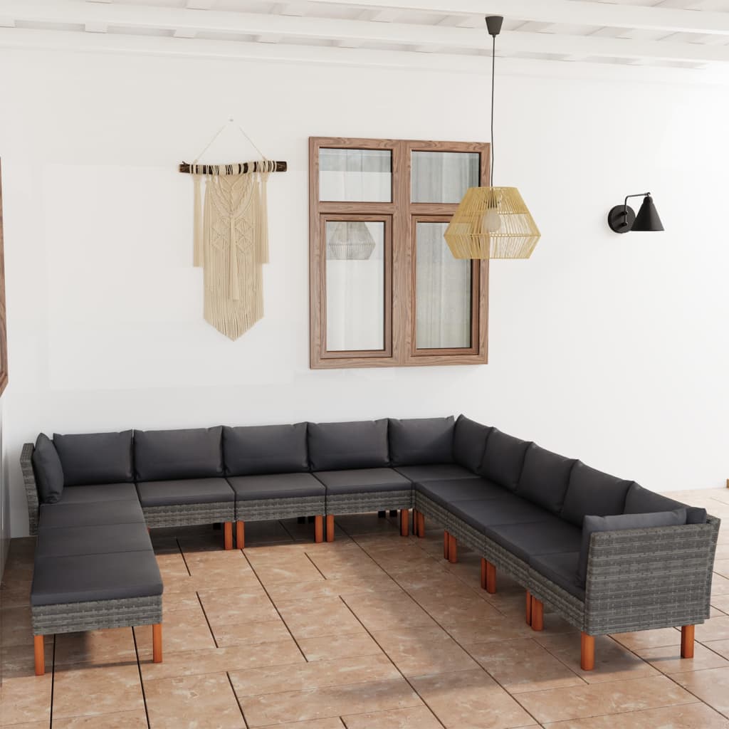 12 Pcs conjunto lounge de jardim c/ almofadões vime PE cinzento