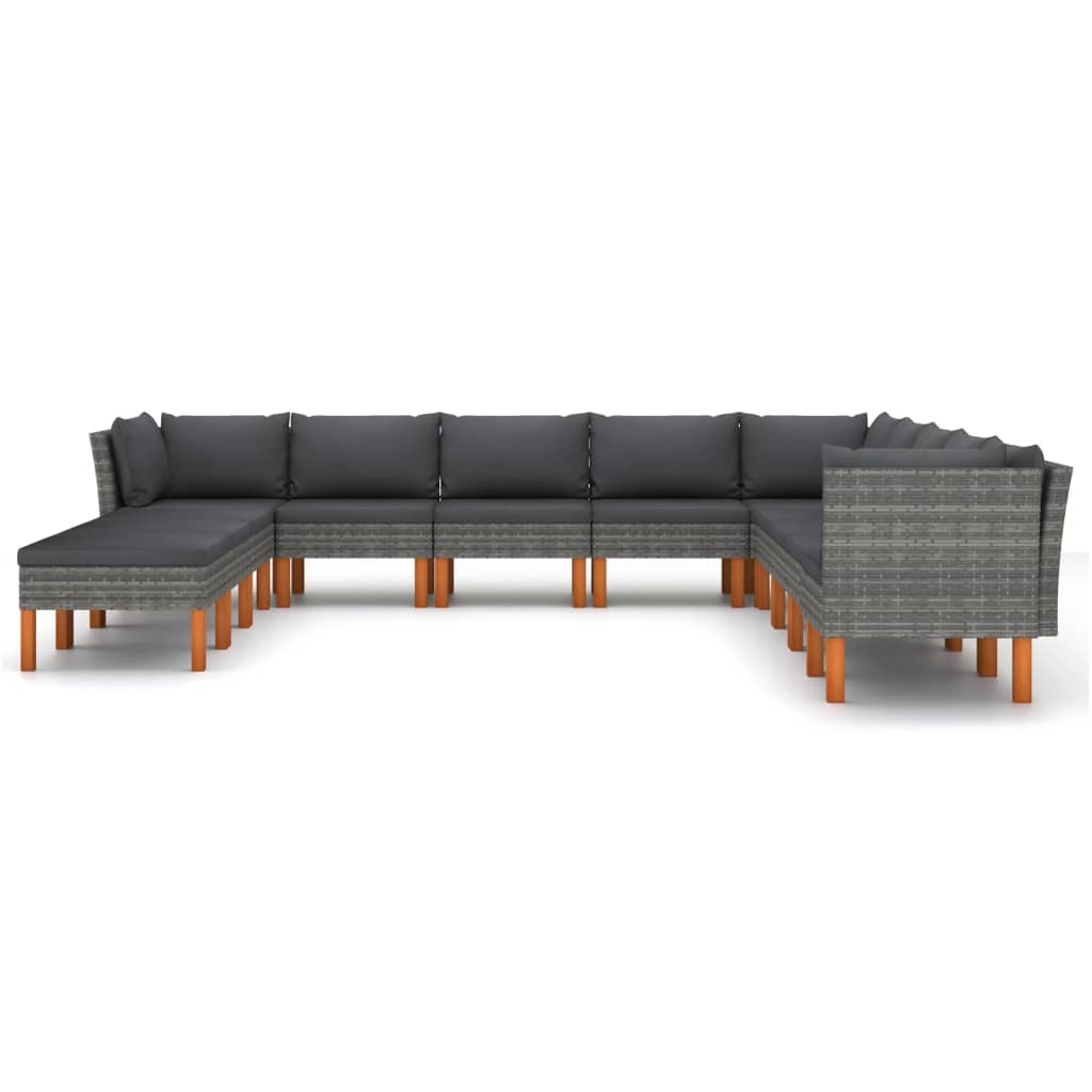12 Pcs conjunto lounge de jardim c/ almofadões vime PE cinzento
