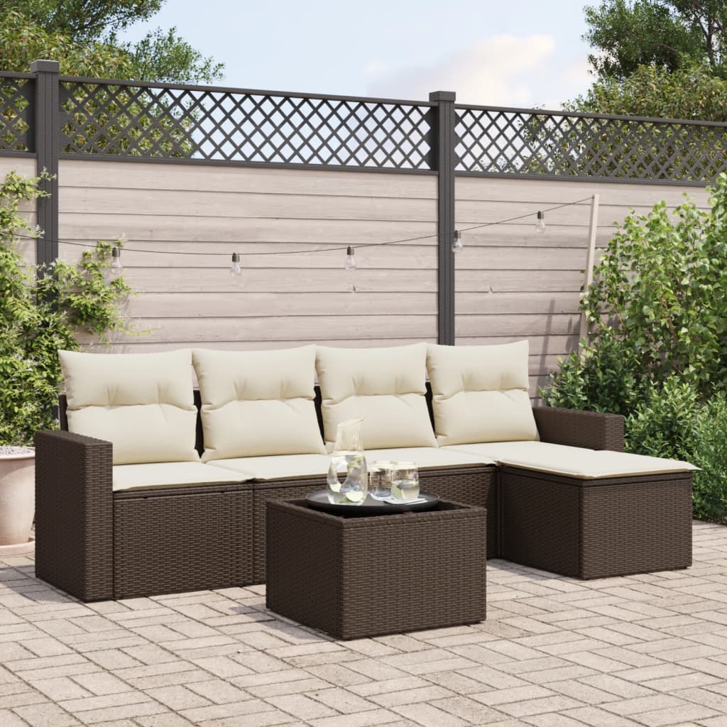 6 Pcs conjunto de sofás jardim c/ almofadões vime PE castanho