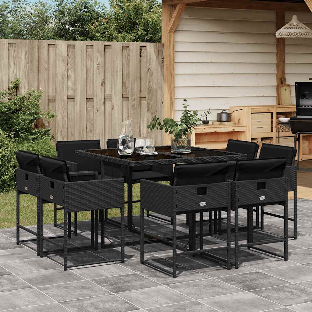 9 Pcs conjunto de jantar p/ jardim c/ almofadões vime PE preto