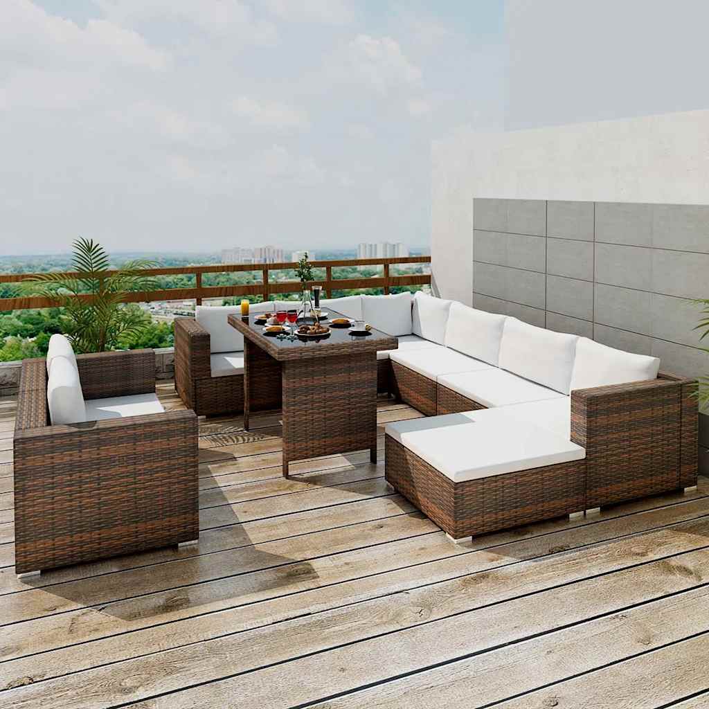10 Pcs conjunto lounge jardim c/ almofadões vime PE castanho