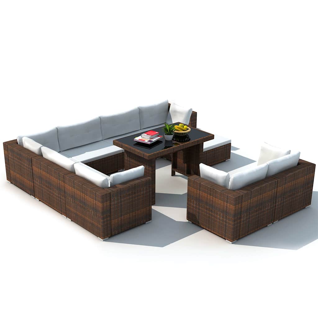10 Pcs conjunto lounge jardim c/ almofadões vime PE castanho