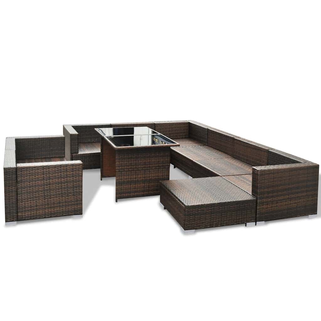 10 Pcs conjunto lounge jardim c/ almofadões vime PE castanho