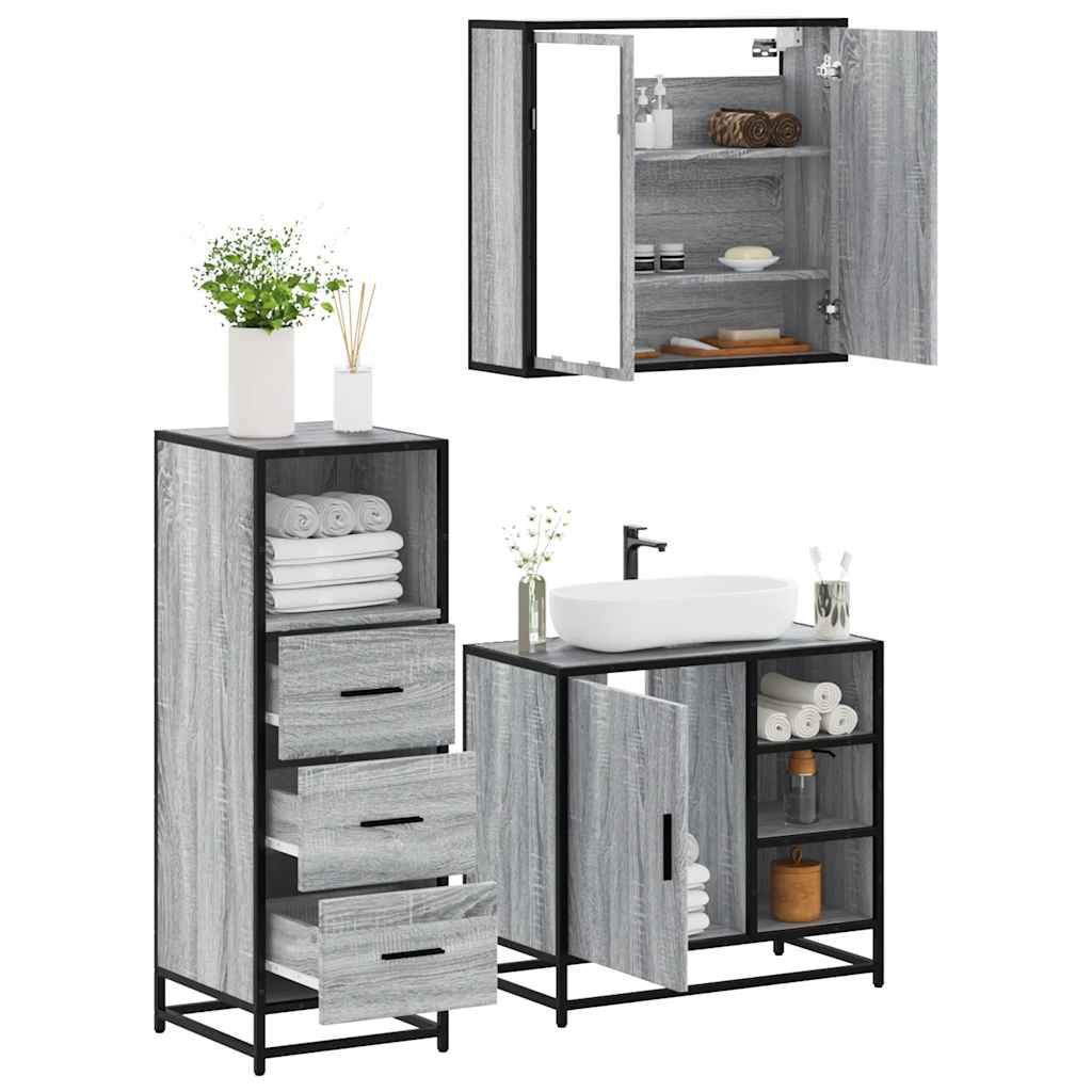 3 Pcs conjunto móveis casa de banho madeira proc. cinza sonoma