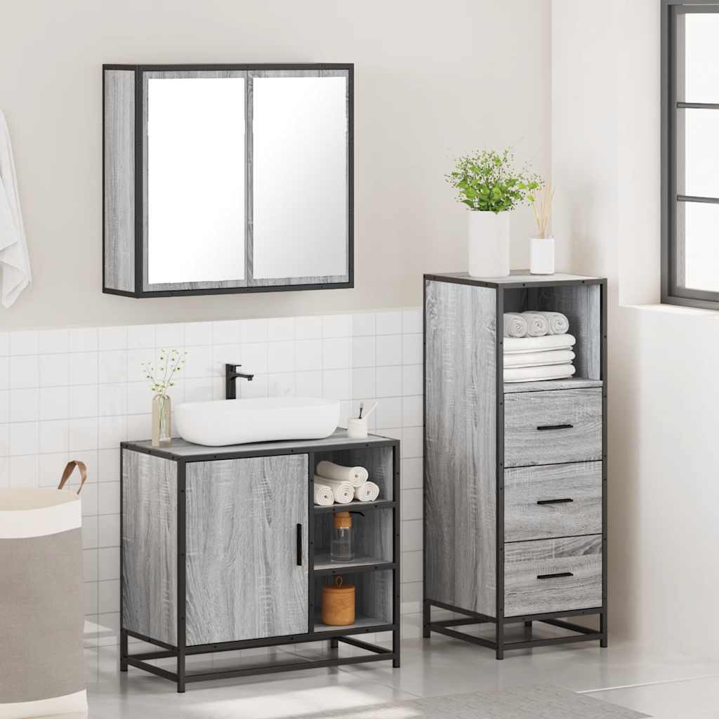 3 Pcs conjunto móveis casa de banho madeira proc. cinza sonoma