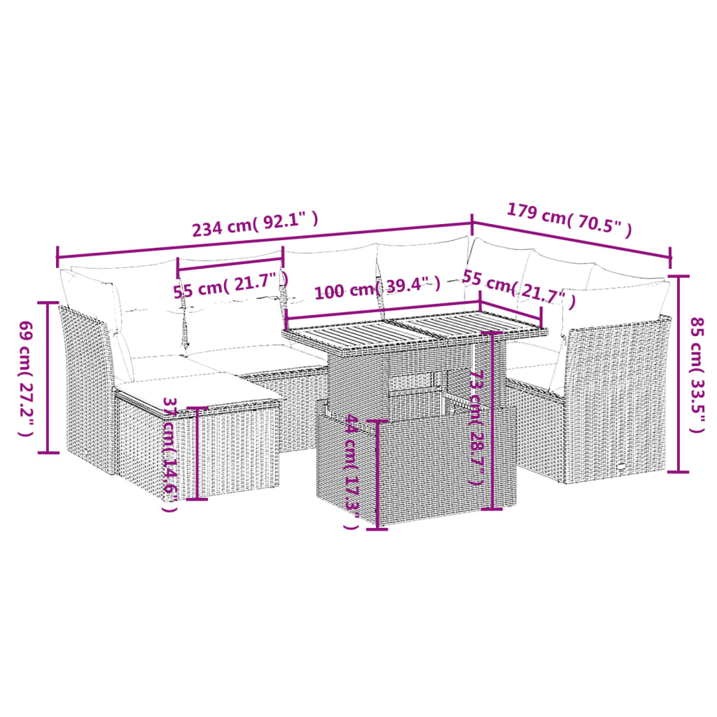 8 Pcs conjunto de sofás p/ jardim com almofadões vime PE bege