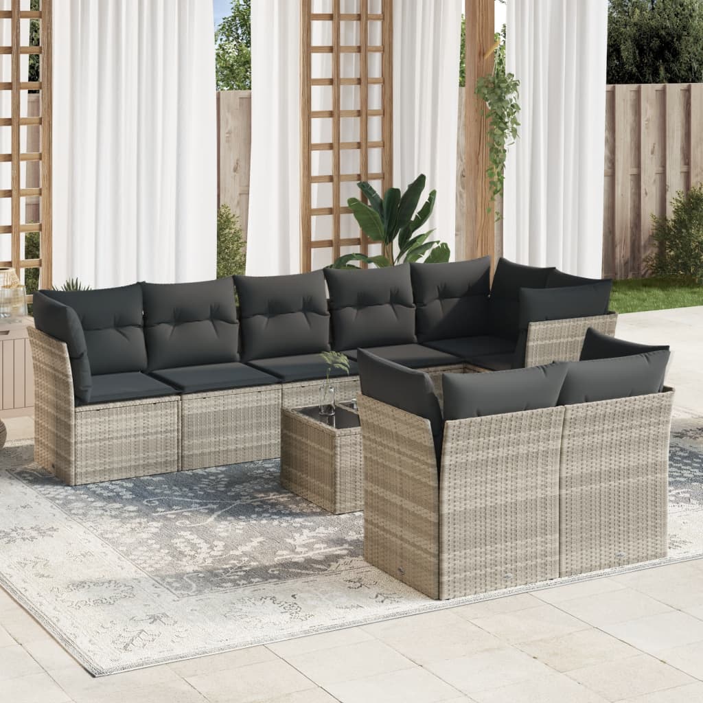 9 Pcs conj. sofás jardim com almofadões vime PE cinzento-claro
